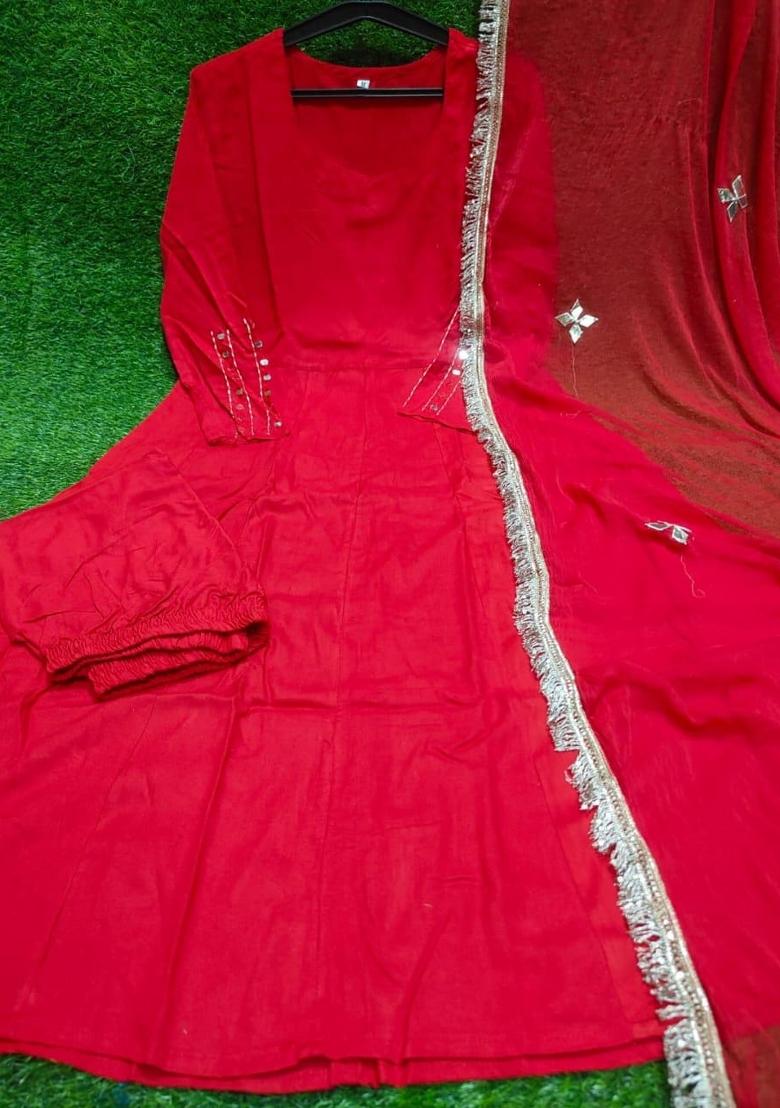 Red Mirror Work Rayon Kurta Set - Indya
