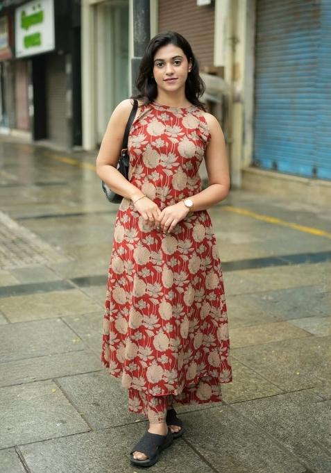 Red Printed Cotton Kurta Set