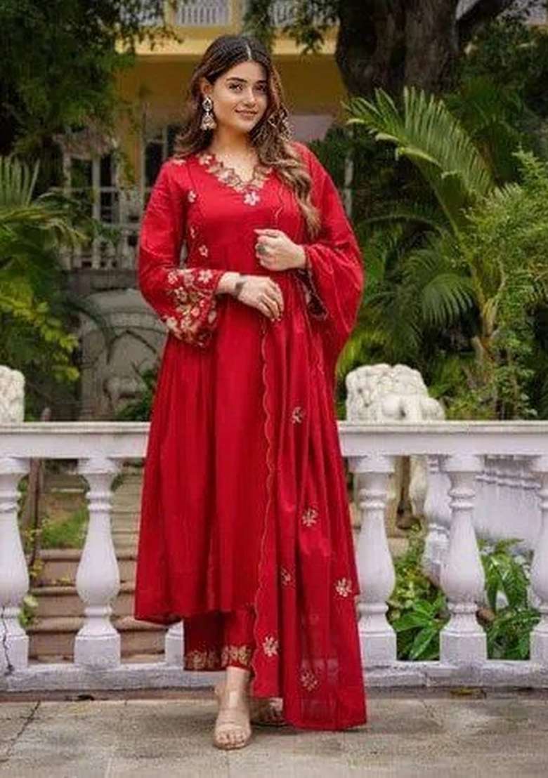 Red Embroidered Cotton Anarkali Set - Indya