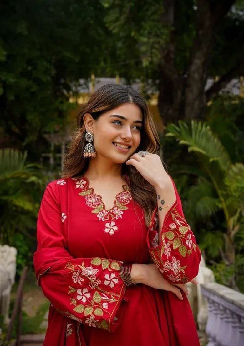 Red Embroidered Cotton Anarkali Set - Indya