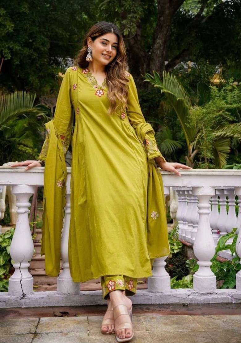 Olive Green Embroidered Cotton A Line Kurta Set - Indya