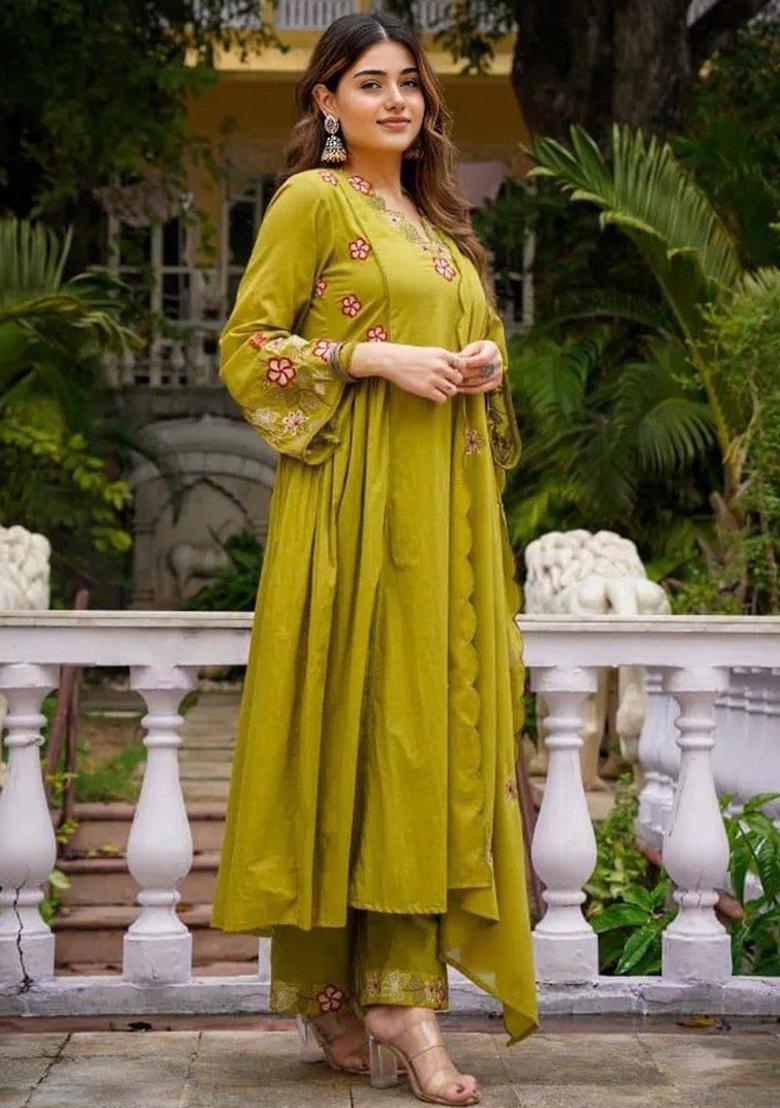 Olive Green Embroidery Work Cotton Kurta Set - Indya