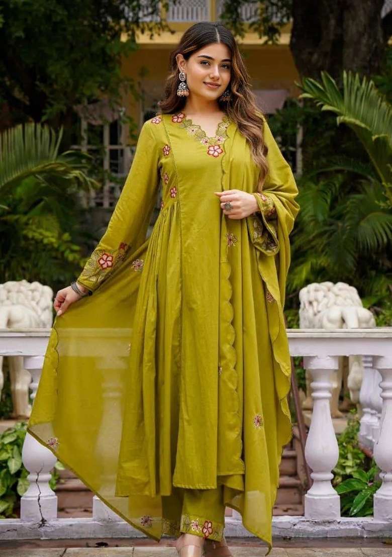 Olive Green Embroidered Cotton A Line Kurta Set - Indya