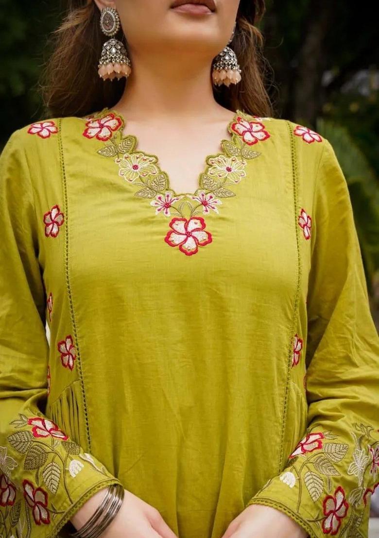 Olive Green Embroidery Work Cotton Kurta Set - Indya