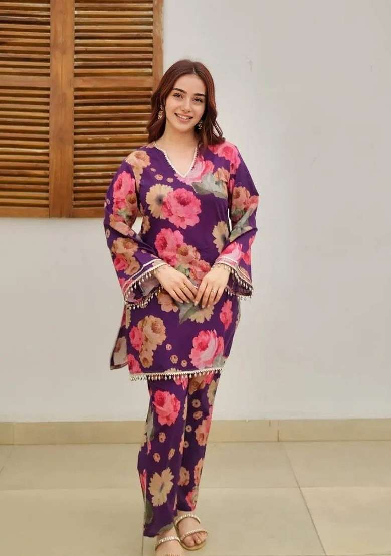 Purple Floral Print Cotton Co Ord Set - Indya