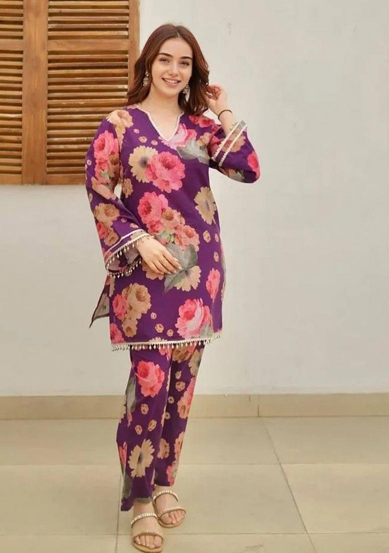 Purple Printed Cotton Kurta Set - Indya