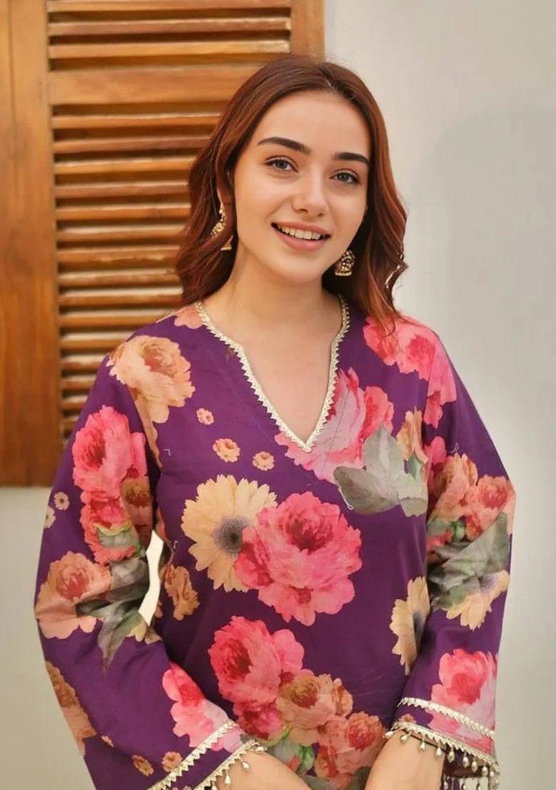 Purple Printed Cotton Kurta Set - Indya