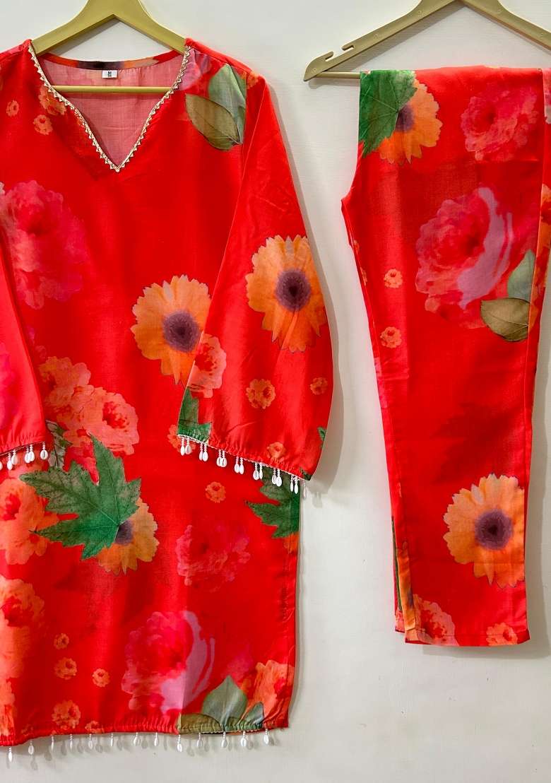 Orange Floral Print Cotton Co Ord Set - Indya