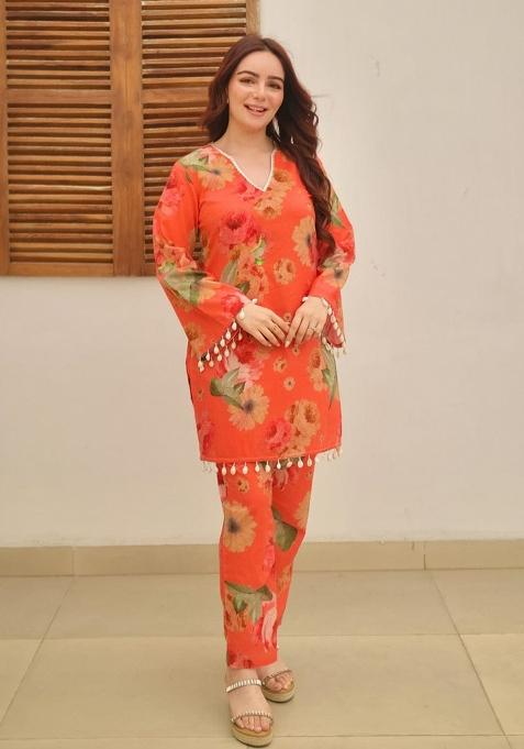Orange Printed Cotton Kurta Set