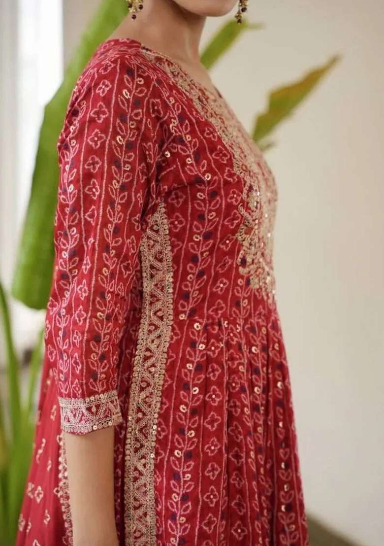 Deep Red Printed Cotton Anarkali Set - Indya