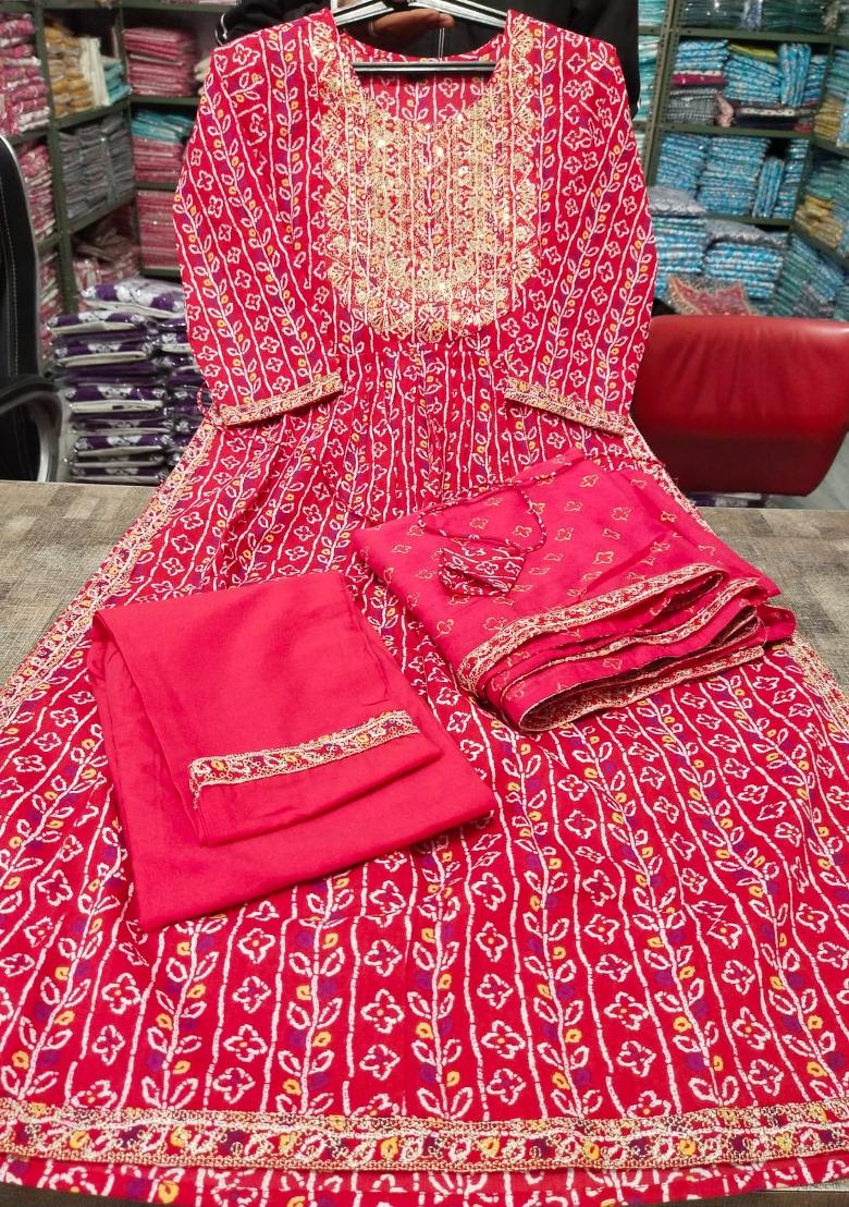 Deep Red Embroidery Work Cotton Kurta Set - Indya