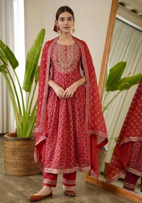 Deep Red Embroidery Work Cotton Kurta Set
