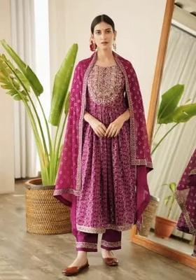 Wine Embroidery Work Cotton Kurta Set