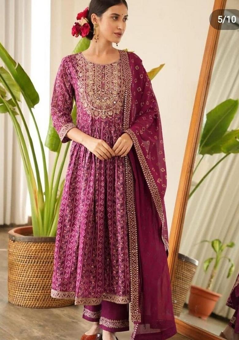 Wine Embroidery Work Cotton Kurta Set - Indya