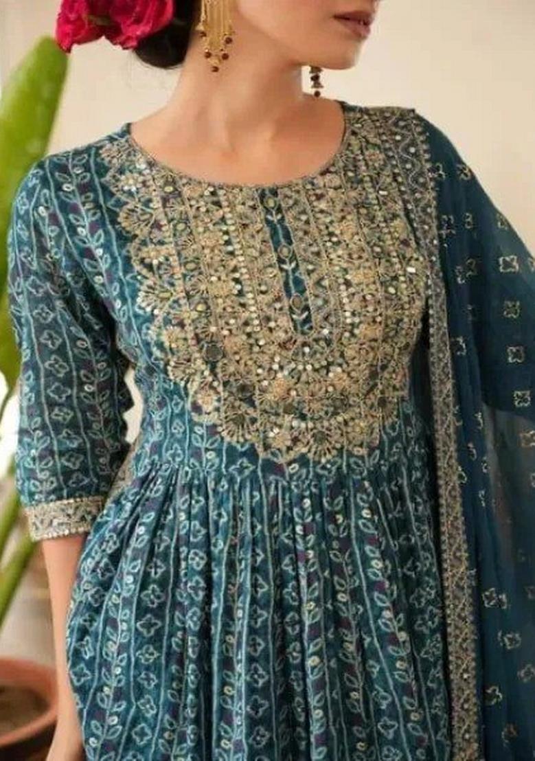 Blue Embroidery Work Cotton Kurta Set - Indya