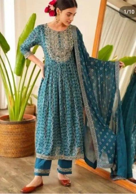 Blue Embroidery Work Cotton Kurta Set