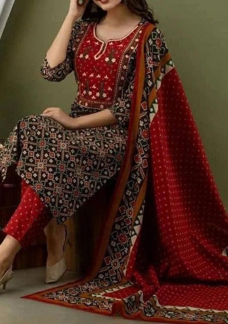 Brick Red Embroidery Work Cotton Straight Kurta Set - Indya