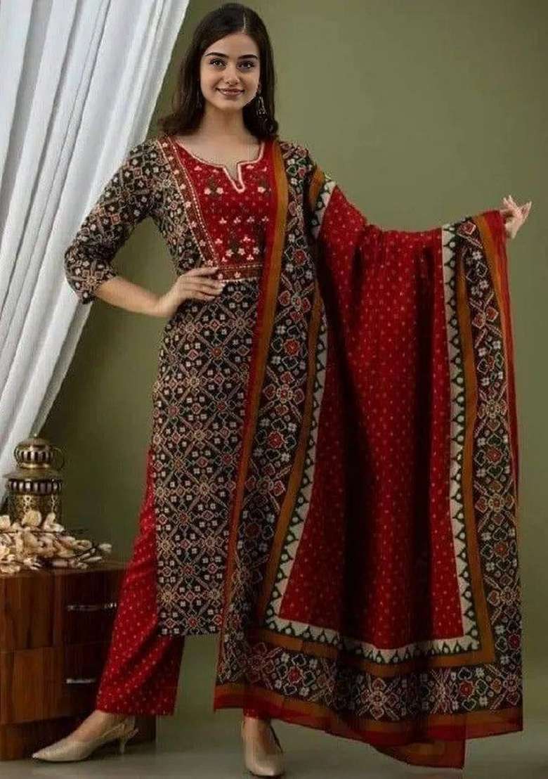 Brick Red Printed Cotton Straight Kurta Set - Indya