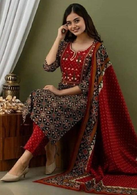 Brick Red Embroidery Work Cotton Straight Kurta Set