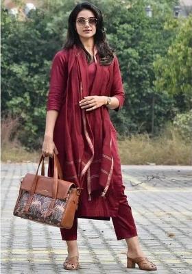 Maroon Plain Cotton Straight Kurta Set