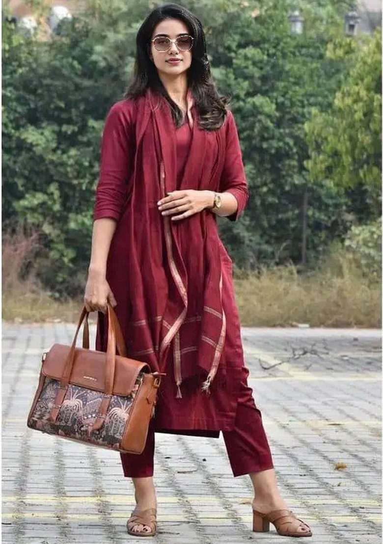 Maroon Solid Cotton Straight Kurta Set - Indya
