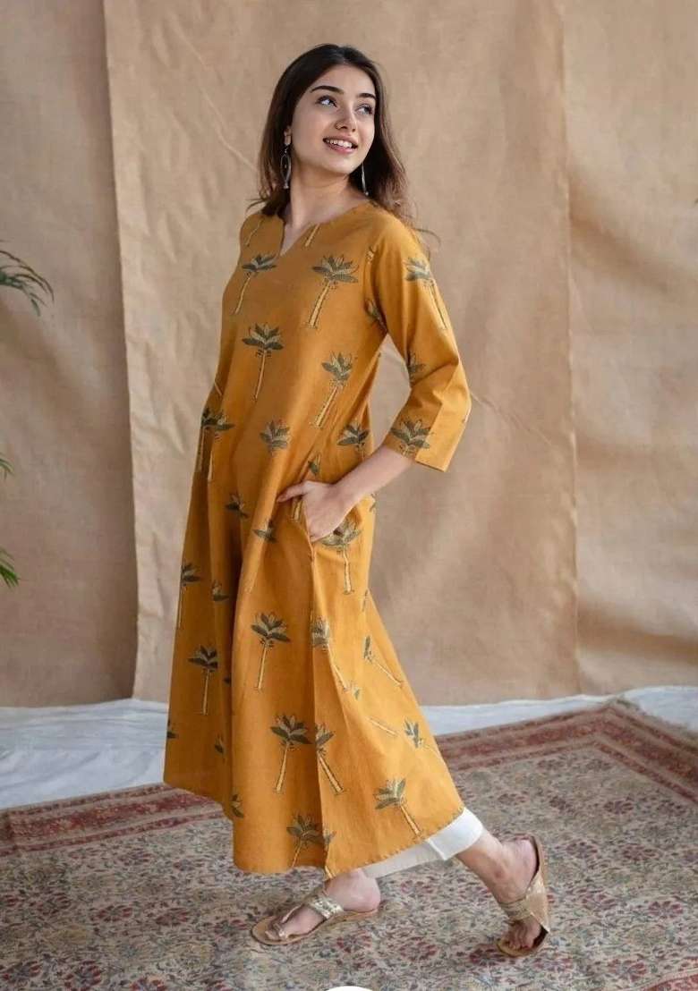 Mustard Embroidered Cotton A Line Kurta Set - Indya