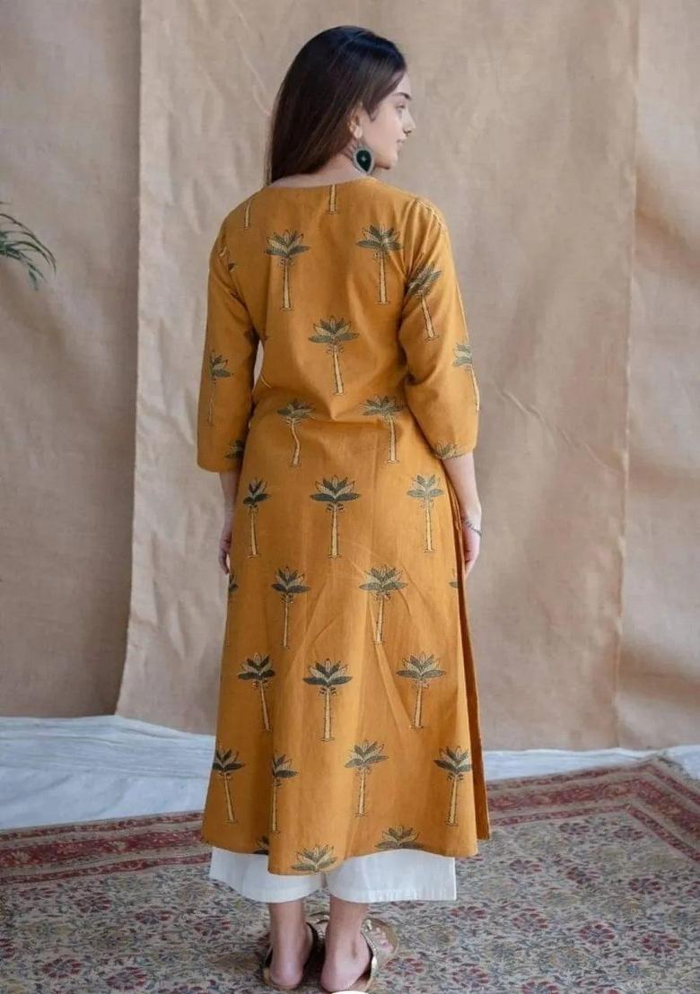 Mustard Printed Cotton Kurta Set - Indya