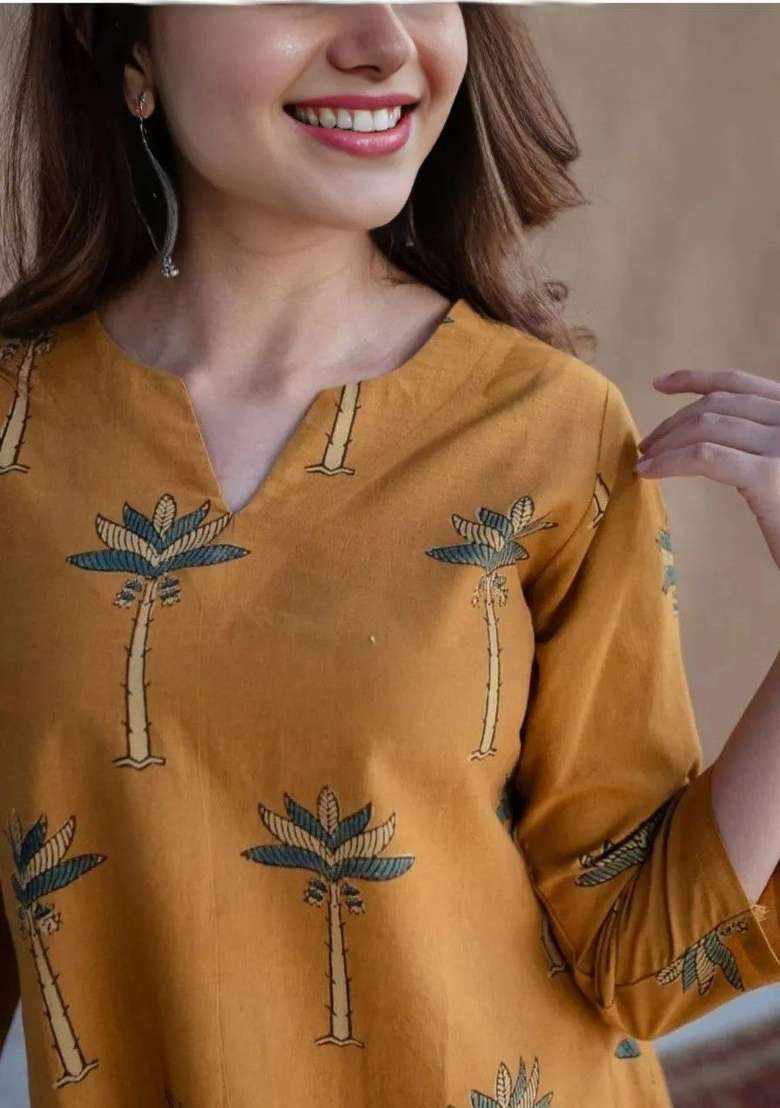 Mustard Embroidered Cotton A Line Kurta Set - Indya