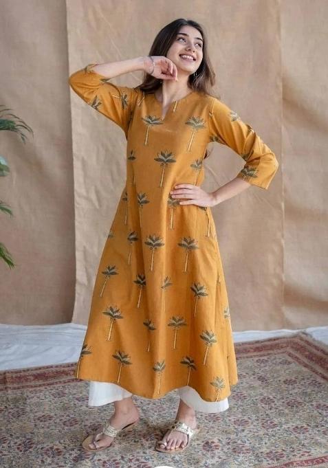 Mustard Printed Cotton Kurta Set