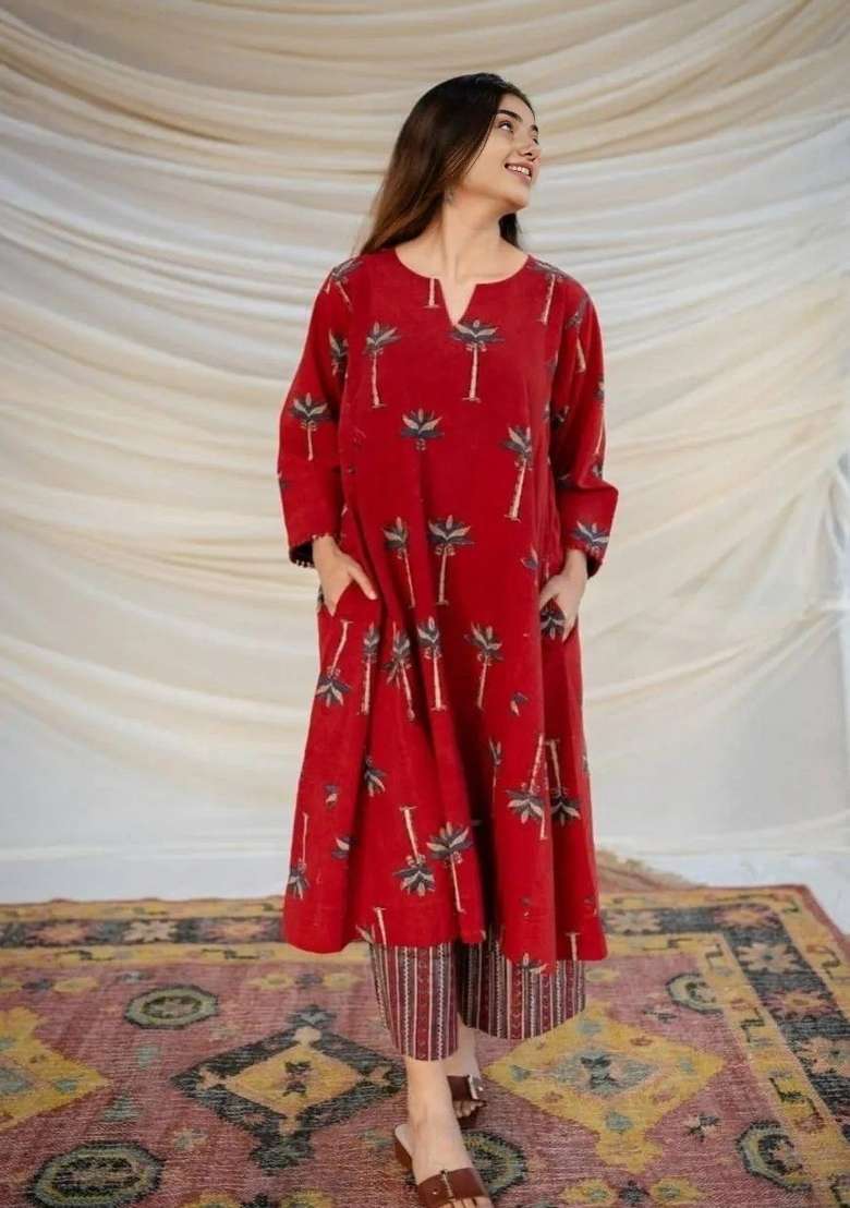 Red Printed Cotton A Line Kurta Set - Indya