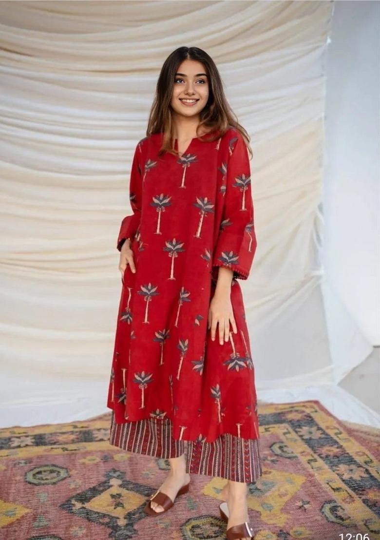 Red Printed Cotton Kurta Set - Indya