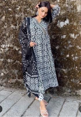 Black Printed Cotton Kurta Set