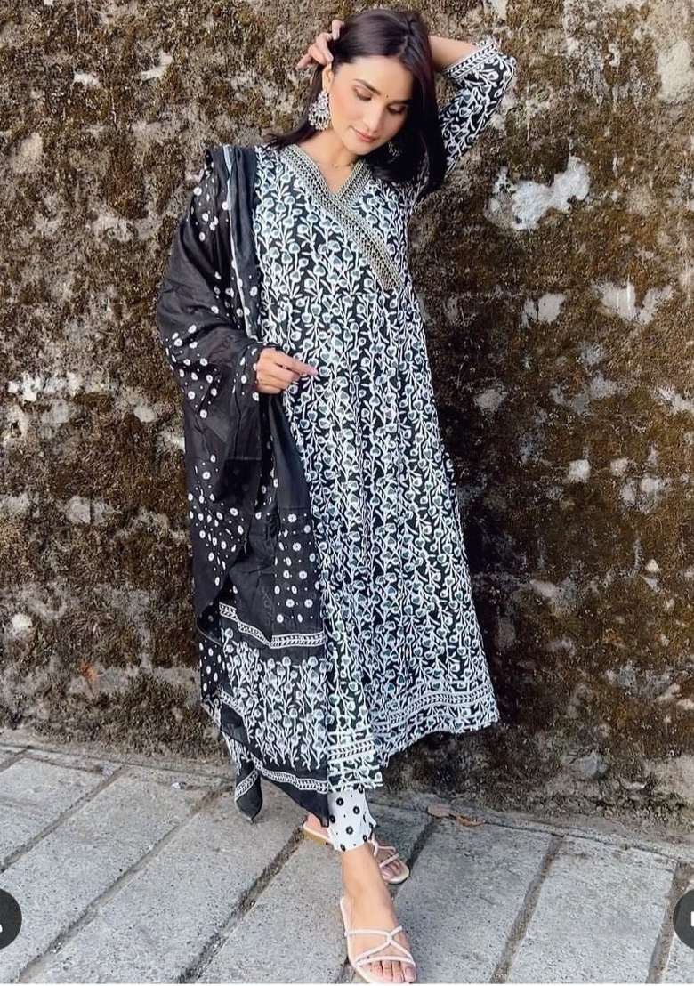Black Printed Cotton A Line Kurta Set - Indya