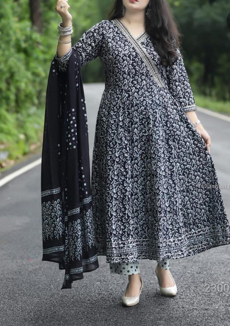 Black Printed Cotton Anarkali Set - Indya