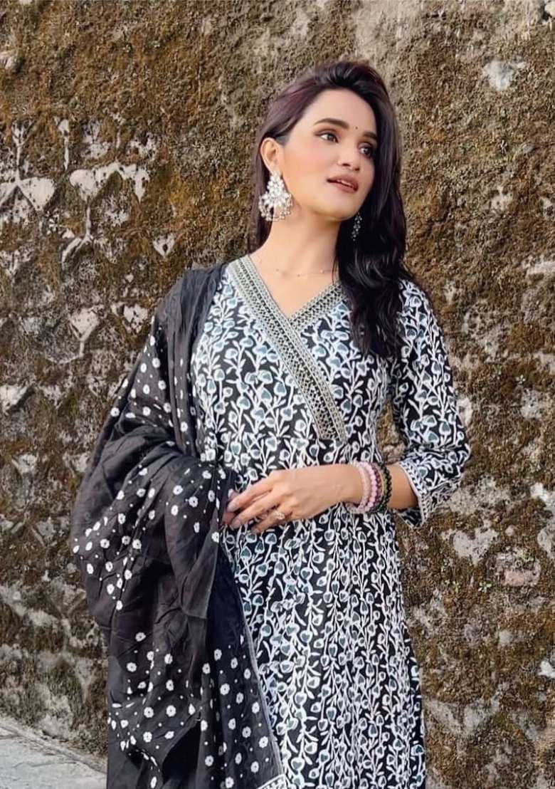 Black Printed Cotton A Line Kurta Set - Indya