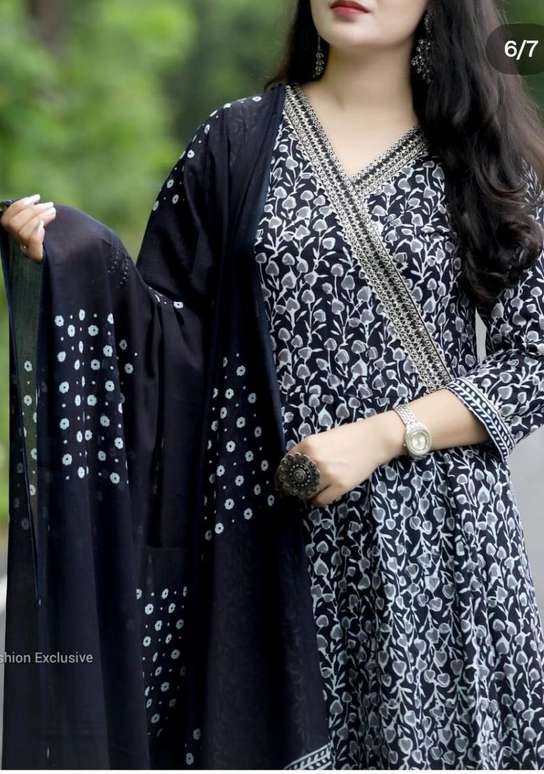 Black Printed Cotton Anarkali Set - Indya
