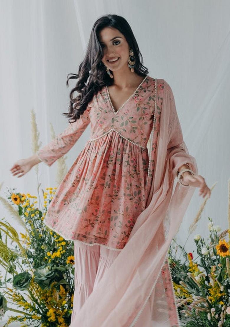 Peach Printed Cotton Sharara Set - Indya