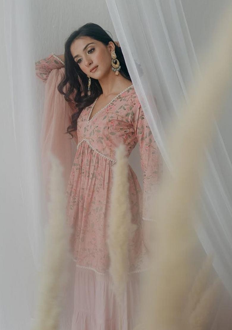 Peach Printed Cotton Sharara Set - Indya