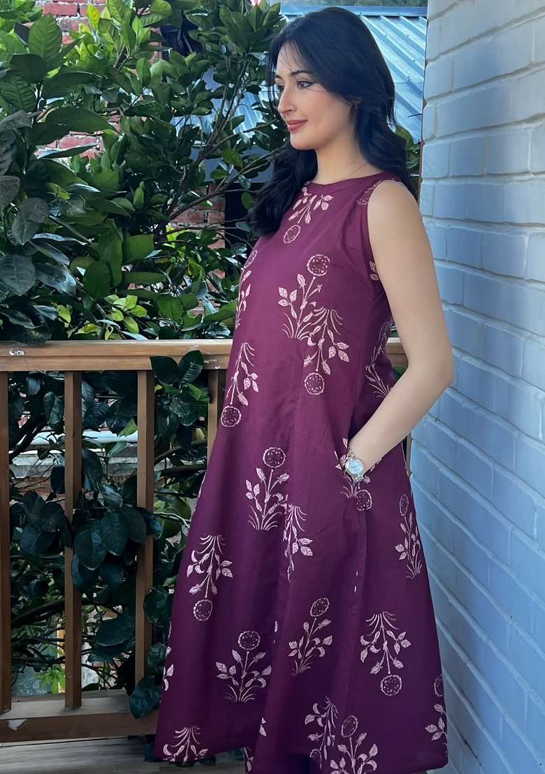 Wine Printed Cotton Kurta - Indya