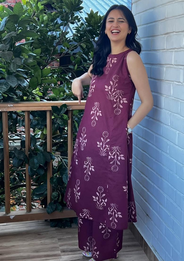 Wine Printed Cotton Kurta Set - Indya