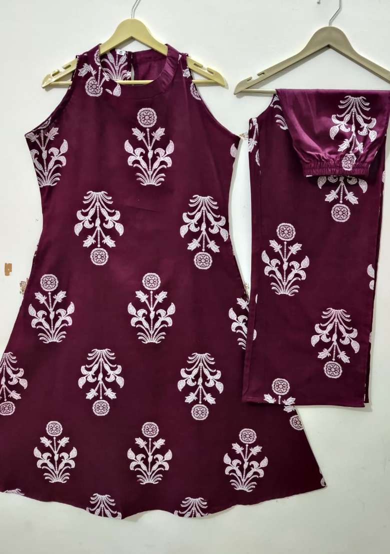 Wine Printed Cotton Kurta - Indya