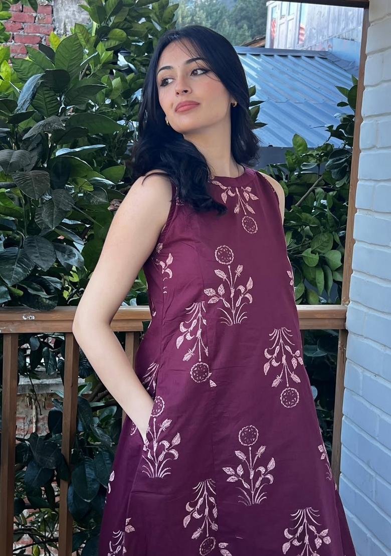 Wine Printed Cotton Kurta Set - Indya