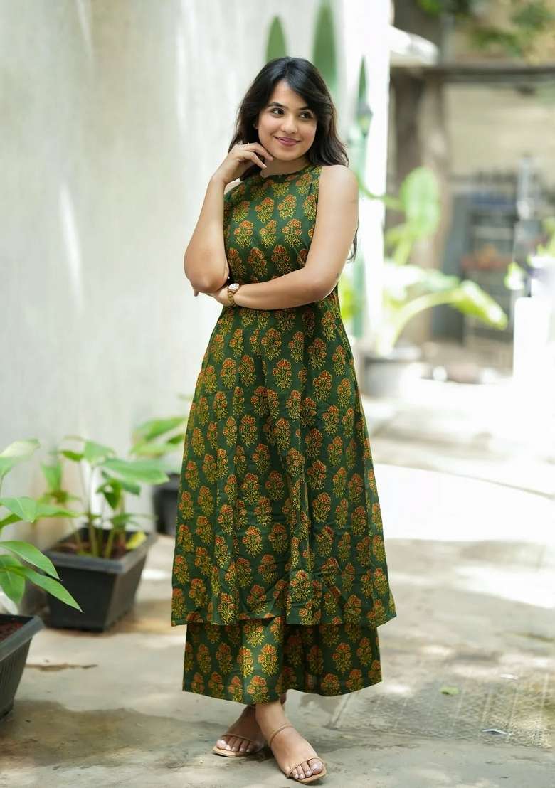 Green Printed Cotton A Line Kurta Set - Indya