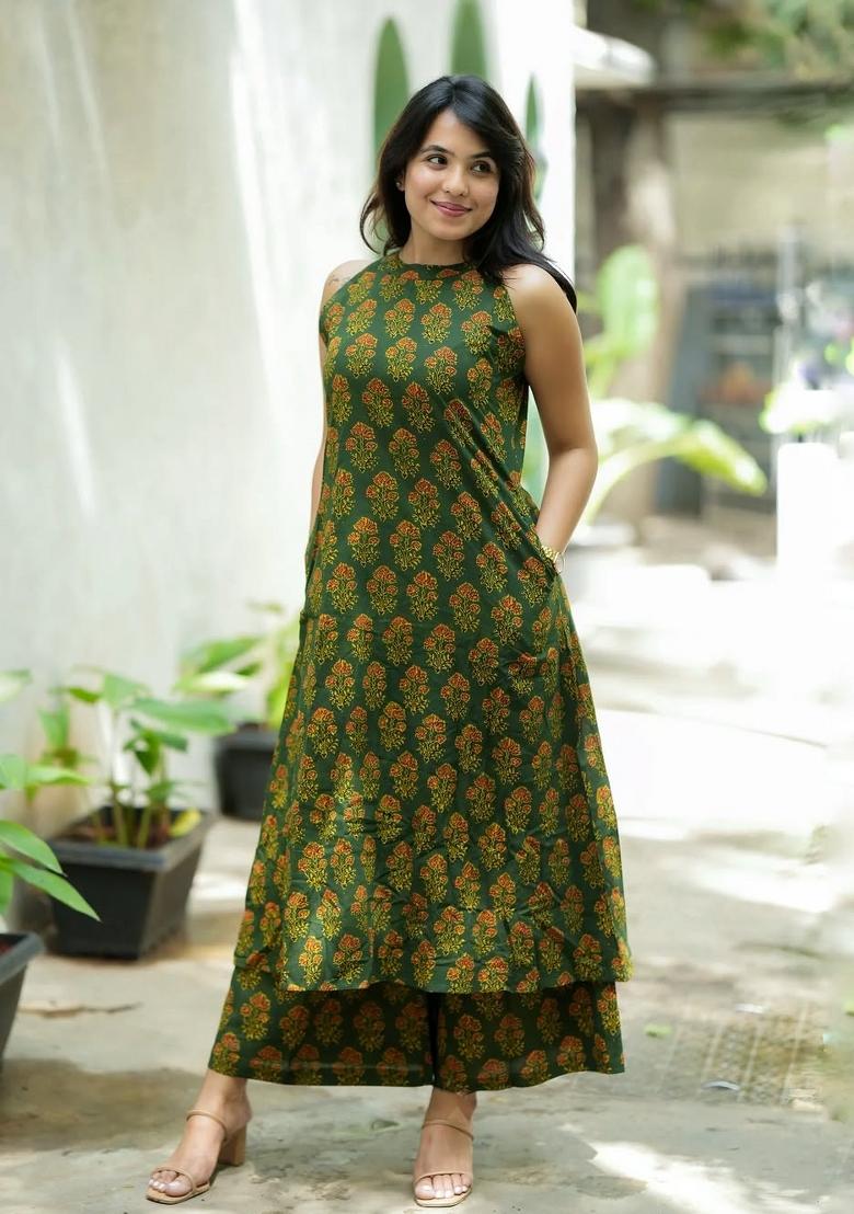 Green Printed Cotton Kurta Set - Indya