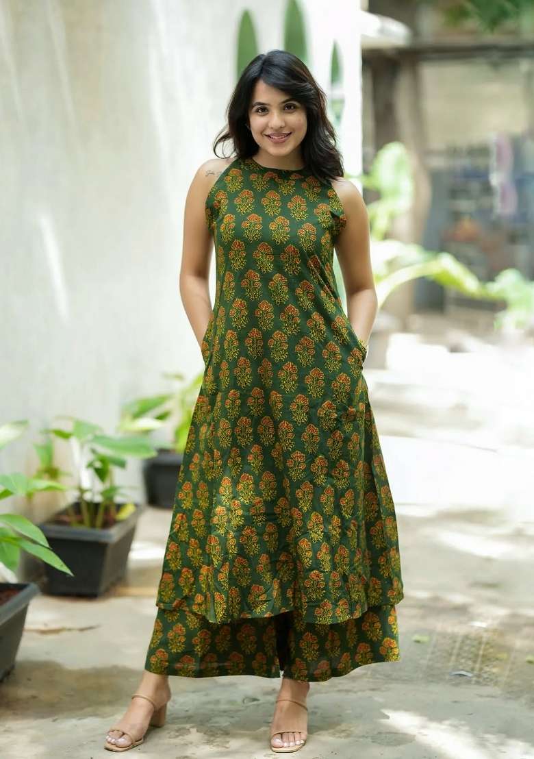 Green Printed Cotton A Line Kurta Set - Indya