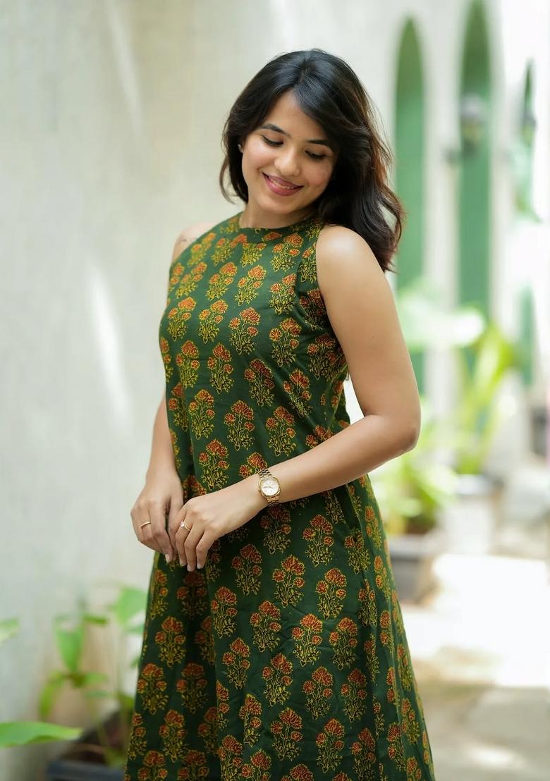 Green Printed Cotton Kurta Set - Indya