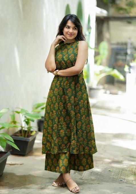 Green Printed Cotton Kurta Set