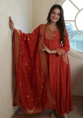 Orange Embroidery Work Cotton Kurta Set