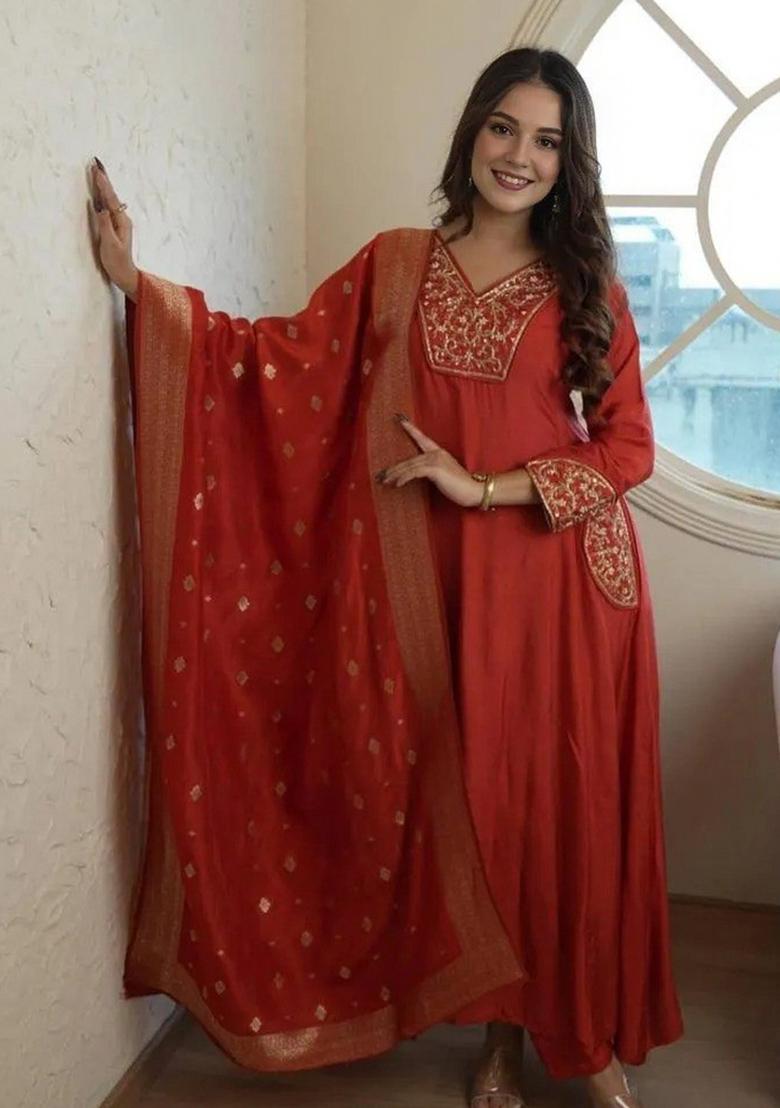 Orange Embroidery Work Cotton Anarkali Set - Indya