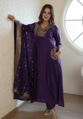 Purple Embroidery Work Cotton Kurta Set